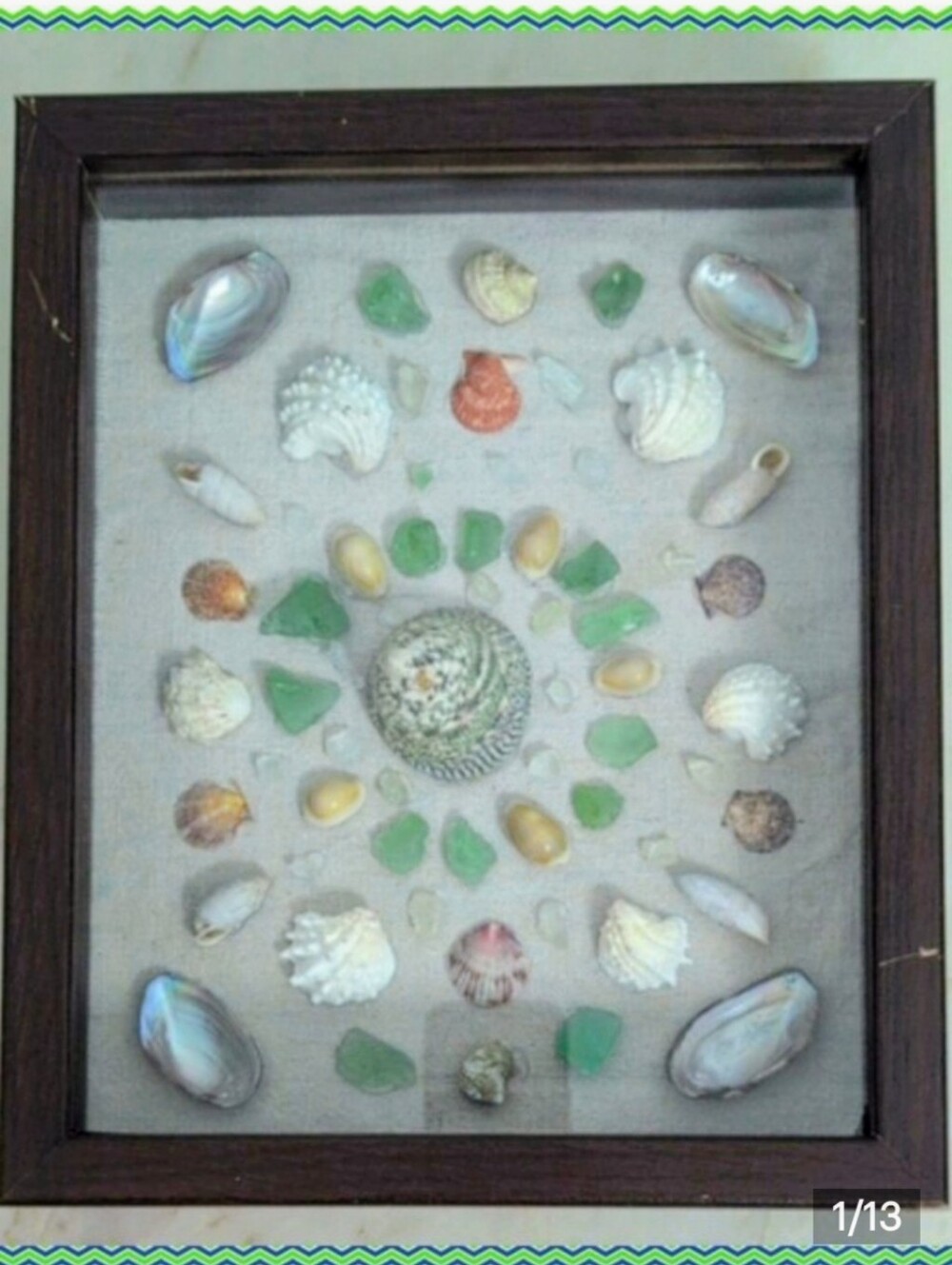 Seashell Sea Glass Wall Art  Shadowbox Green Accents Coastal Decor
